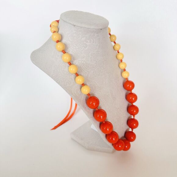 Gum Ball Chunky Beaded Necklace Knotted Tie Satin Ribbon Graduated Orange Yellow - Picture 4 of 7